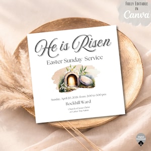 May include: A white invitation card with the text "He is Risen" and "Easter Sunday Service." The card features an illustration of an open tomb. The card is on a gold-coloured plate with dried plants in the background.