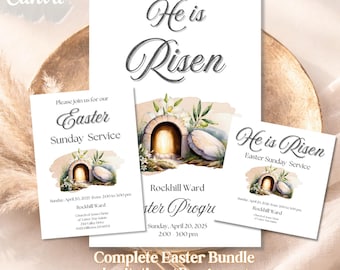 LDS Easter Church Bundle | He Is Risen Invitation, Program & Social Media Post | Editable Canva Template