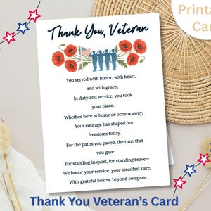 May include: A printable "Thank You, Veteran" card with a floral and flag design. The card features a poem honoring veterans, with the text "Thank You, Veteran" at the top and bottom. Red, white, and blue star decorations are on the sides.