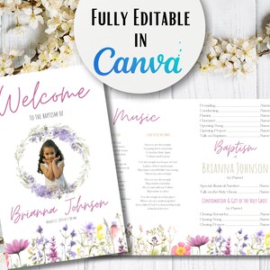May include: A printable baptism program template with a floral design. The program includes sections for welcome, music, and baptism details. The template is fully editable in Canva.