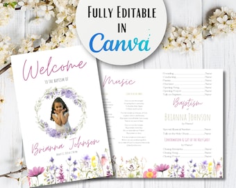 Baptism Program Template Printable Baptism Program Wildflower Baptism Program LDS Baptism Program Girl Editable Canva Template