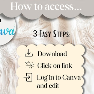 May include: Image with text: "How to access... in Canva." Instructions in three steps: Download, Click on link, Log in to Canva and edit. The background is a soft, white, textured fabric.