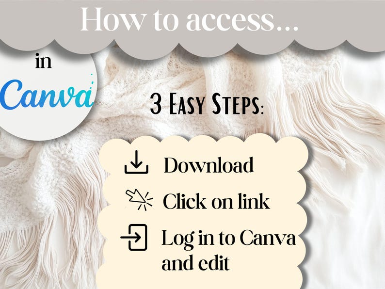May include: Image with text: "How to access... in Canva." Instructions in three steps: Download, Click on link, Log in to Canva and edit. The background is a soft, white, textured fabric.