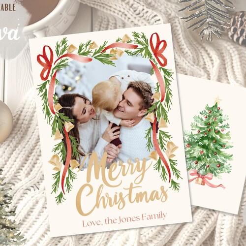 Christmas Photo Card Template, Year in Review Christmas Card, Editable Canva Family Holiday Card, Boho