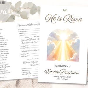 May include: A printable Easter programme template featuring a watercolour illustration of a sunrise over clouds. The text "He is Risen" is at the top of the page. The programme includes a schedule for the event, including the time and date. The programme also includes a list of musical numbers and speakers. The text "Rockhill Ward" is at the bottom of the page.
