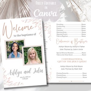 Può includere: Un modello di programma per battesimo con due cornici quadrate per foto, il testo Welcome to the baptisms of, i nomi Ashtyn e Julia e un elenco dettagliato dell'ordine del servizio che include Ordinance of Baptism e Confirmation & Gift of the Holy Ghost.