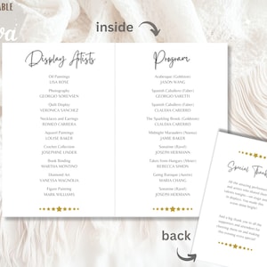 May include: A white event program, fully editable in Canva, with a list of display artists and a program schedule. The text is in black, with gold star accents. The back of the program has a special thanks message.