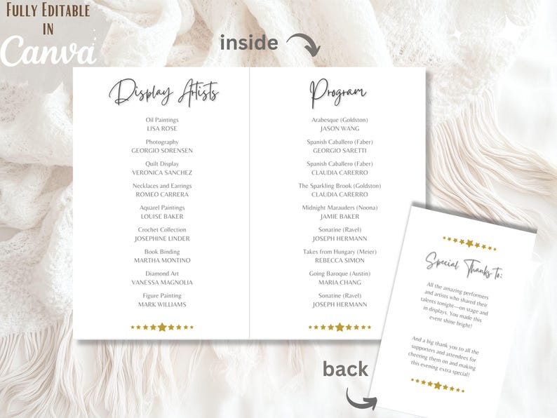 May include: A white event program, fully editable in Canva, with a list of display artists and a program schedule. The text is in black, with gold star accents. The back of the program has a special thanks message.