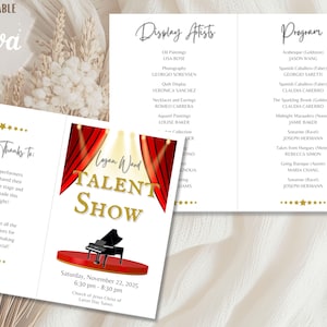 May include: A tri-fold event program with a red and gold design. The cover features the text "Logan Ward Talent Show" with a piano on a stage. Inside, it lists display artists, the program, and special thanks.