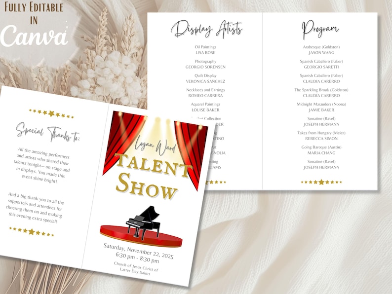 May include: A tri-fold event program with a red and gold design. The cover features the text "Logan Ward Talent Show" with a piano on a stage. Inside, it lists display artists, the program, and special thanks.