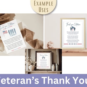 May include: A digital printable design featuring a thank you message for veterans. The design includes a blue and red American flag, a silhouette of soldiers, and a poem expressing gratitude for their service. The design is displayed in three different settings, including a framed print, a card, and a digital file.