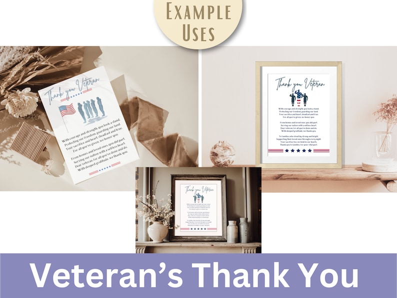 May include: A digital printable design featuring a thank you message for veterans. The design includes a blue and red American flag, a silhouette of soldiers, and a poem expressing gratitude for their service. The design is displayed in three different settings, including a framed print, a card, and a digital file.