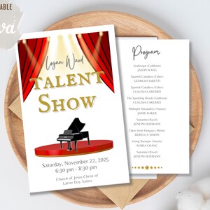 May include: A talent show invitation with a red stage, a black piano, and red curtains. The text reads "Logan Ward Talent Show" with the date and time. A program list is also included.