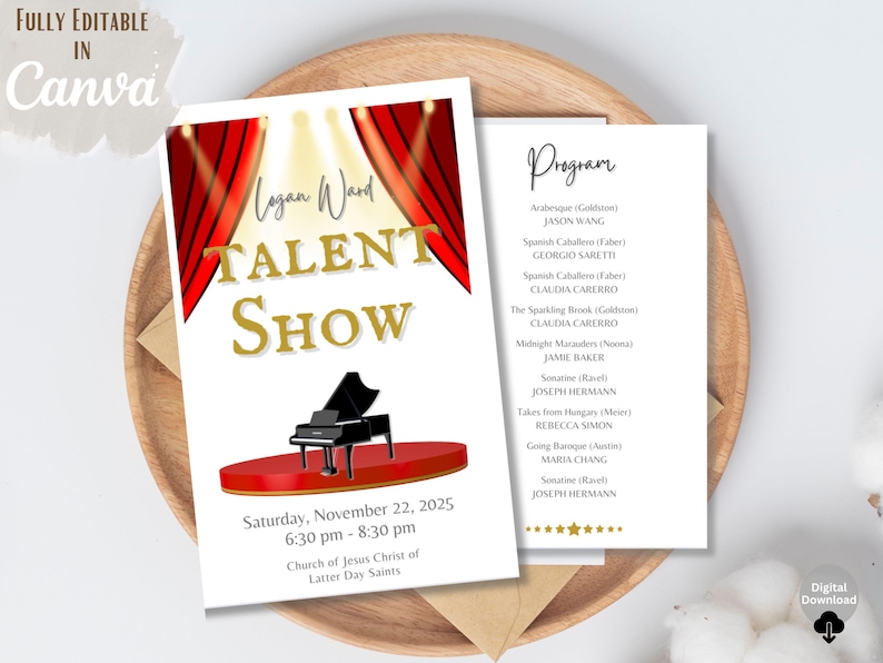 May include: A talent show invitation with a red stage, a black piano, and red curtains. The text reads "Logan Ward Talent Show" with the date and time. A program list is also included.