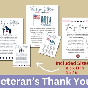 May include: Printable thank you cards for veterans. The cards feature a blue watercolor design with a red, white, and blue American flag and a poem expressing gratitude for veterans' service. The text on the cards reads "Thank you Veteran". The cards are available in two sizes: 8.5 x 11 inches and 5 x 7 inches.