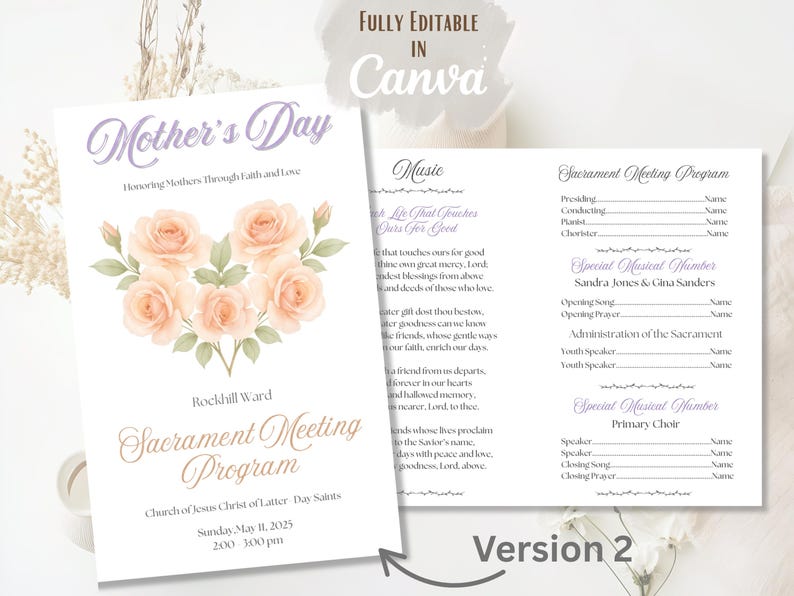 Editable LDS Mothers Day Program: Church Bulletin Canva Template - Etsy