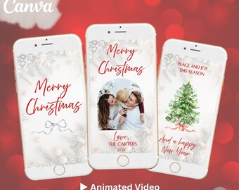 Animated Christmas Photo Card, Editable Canva Video Greeting, Family Holiday Card, Red White Christmas Ecard, Vertical Digital Download
