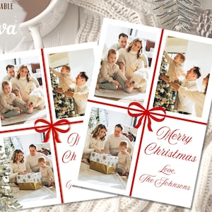 Bewerkbare kerstkaartsjabloon foto Merry Christmas Card met rood lint Boho kerstkaart Canva sjabloon Instant Download kerstcadeaukaart