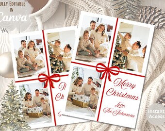 Christmas Photo Card Template, Editable Canva Family Holiday Card, Red Ribbon Boho Christmas Card, Printable 5x7 Digital Download