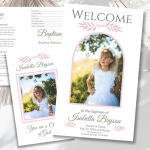 May include: A white baptism programme featuring pink leaf accents and an arched photo frame. The text includes WELCOME, Baptism of Sophia Benson, Isabella Bryson, and details for a Church of Christ service on 12 July 2024, in Colorado Springs.