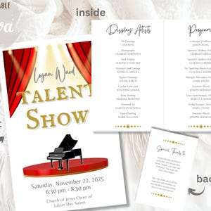 May include: A talent show flyer with a red stage, a grand piano, and red curtains. The flyer says "Logan Ward Talent Show" in gold lettering. The event is on Saturday, November 22, 2025, from 6:30 pm to 8:30 pm.