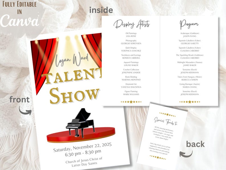May include: A talent show flyer with a red stage, a grand piano, and red curtains. The flyer says "Logan Ward Talent Show" in gold lettering. The event is on Saturday, November 22, 2025, from 6:30 pm to 8:30 pm.
