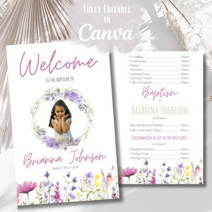 Könnte beinhalten: Eine Taufprogramm-Vorlage mit einem Blumenkranz aus lila Blüten, einem Fotoplatzhalter für ein Kind und dem Text Welcome to the baptism of Brianna Johnson. Das Design enthält Zeilen für Veranstaltungsdetails und eine Wiesenblumenbordüre.