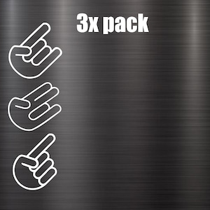 May include: Three white outline hand gestures on a black background. The hand gestures are the 'rock on' sign, the 'peace' sign, and a pointing finger. The text '3x pack' is at the top of the image.