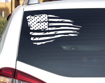 American flag tattered patriotic decal vinyl sticker/ different sizes and colors / windows, cars, bottles, etc.