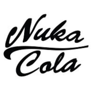 May include: Black and white Nuka Cola logo. The logo features the words "Nuka" and "Cola" in a stylized, cursive font. The word "Nuka" is arched above "Cola".