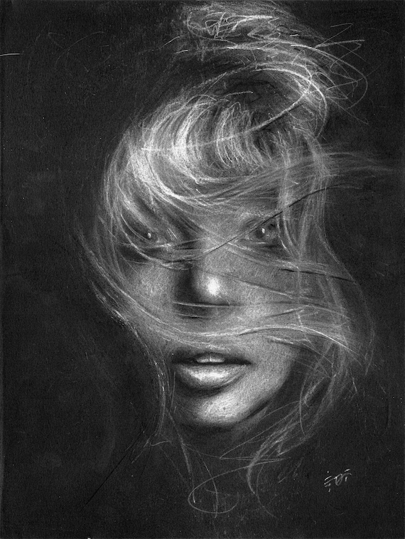 Layla - Original White Charcoal Drawing by Dustin Mae Fox on 9"x12" 150gsm Black Paper