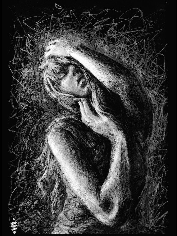 Poet - Original White Charcoal Drawing by Dustin Mae Fox on 9"x12" 150gsm Black Paper