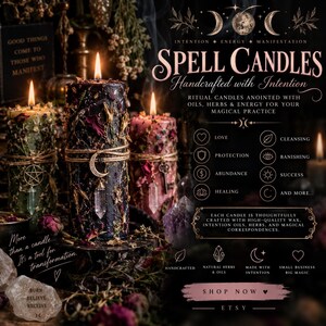 May include: Three pillar candles in green, black, and pink, adorned with dried herbs, flowers, and hanging charms like a pentagram, crescent moon, and key. The image features text including Spell Candles, Handcrafted with Intention, and ritual categories.