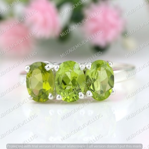 Natural Peridot Ring, 925 Silver Ring, Birth Stone Ring, 3 Stone Ring, Statement Ring, Gift For Her, Solitaire Ring, Oval Cut Peridot Ring,