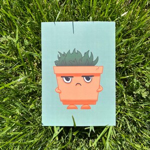May include: A rectangular art print featuring a cartoon plant in a terracotta pot with an angry expression. The plant has green spiky leaves, and the background is a light blue-green color. The print is set against a backdrop of green grass.