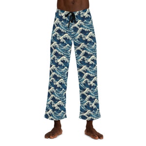 May include: Blue and white pajama pants with a wave pattern.
