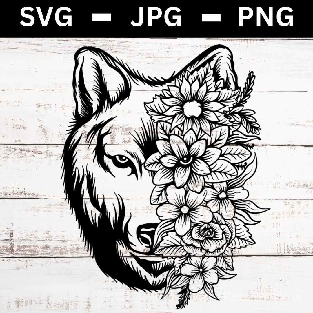 Wolf Flower Mandala SVG Design Cut File Half Wolf Half Flowers Jpg Wall