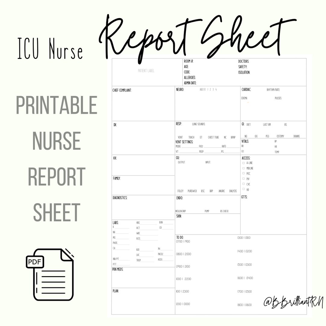 Printable icu nurse report sheet etsy