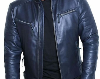 New Leather Jacket for Men, Slim fit Navy Blue Color, Genuine Lambskin Biker Motorcycle, Casual Leather Jacket Designer Blue