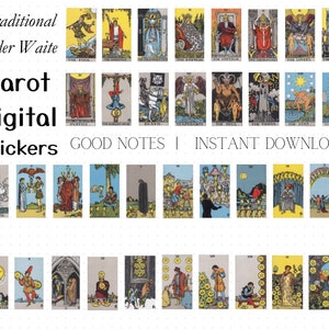 Puede incluir: Un conjunto de 78 pegatinas digitales que representan la baraja tradicional del Tarot Rider Waite. Las pegatinas son de estilo colorido con acentos amarillos, azules y rojos. Las pegatinas están diseñadas para usarse en GoodNotes.