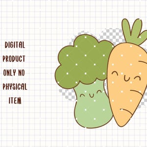 K&ouml;nnte beinhalten: Digitale Illustration einer Cartoon-Karotte und eines Brokkoli mit l&auml;chelnden Gesichtern. Die Karotte ist orange mit gr&uuml;nen Bl&auml;ttern, und der Brokkoli ist gr&uuml;n. Der Text links lautet: DIGITALES PRODUKT NUR KEIN PHYSISCHER ARTIKEL.