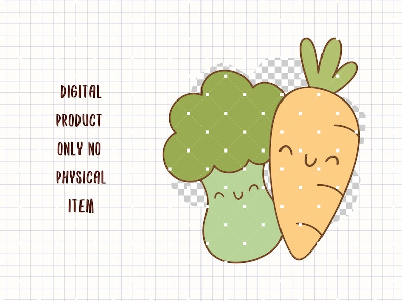 K&ouml;nnte beinhalten: Digitale Illustration einer Cartoon-Karotte und eines Brokkoli mit l&auml;chelnden Gesichtern. Die Karotte ist orange mit gr&uuml;nen Bl&auml;ttern, und der Brokkoli ist gr&uuml;n. Der Text links lautet: DIGITALES PRODUKT NUR KEIN PHYSISCHER ARTIKEL.