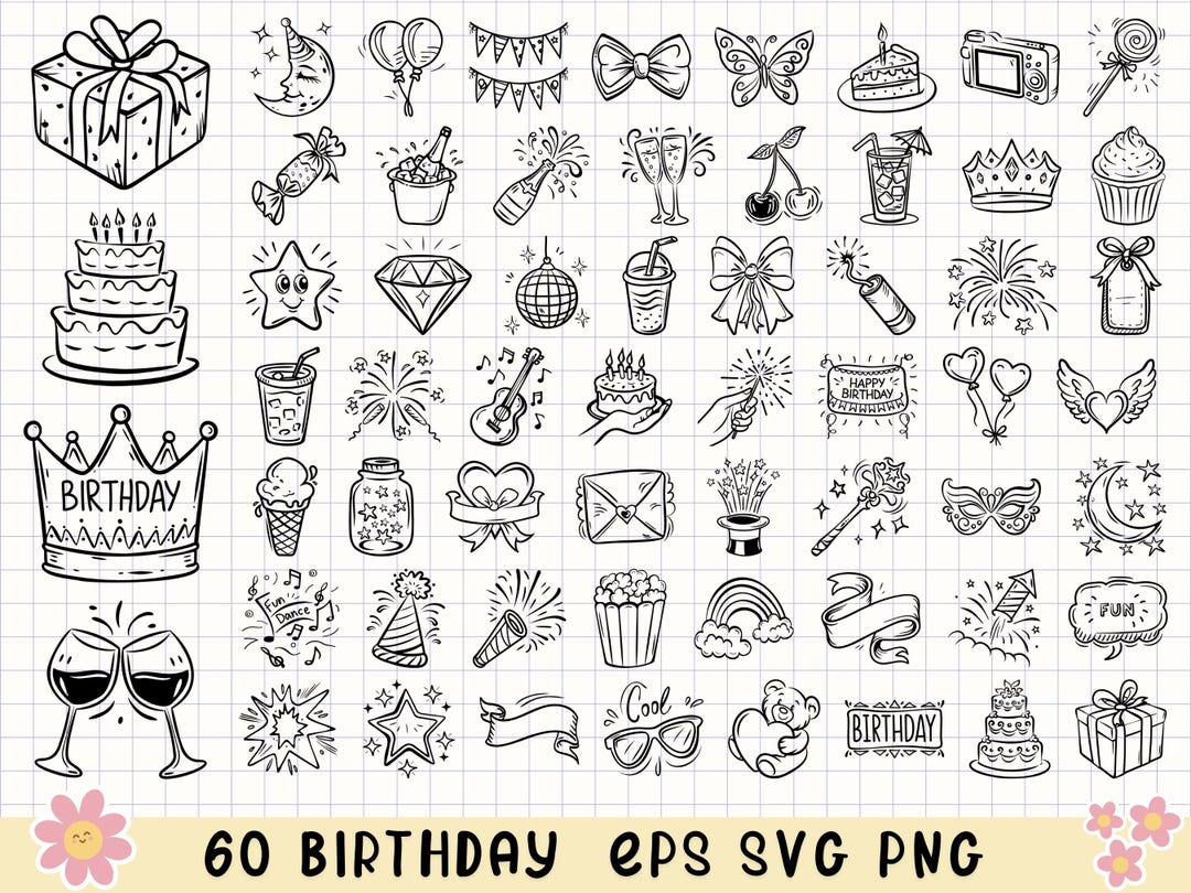 Birthday Clipart Bundle, Birthday Doodle SVG, Birthday SVG, Celebration ...