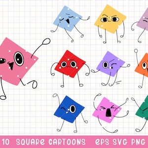 Funny Square Cartoon Clipart, Shape Characters SVG, Cute Geometric Faces, Shape PNG, Geometric Art, Cartoon Doodle, Emoji Faces Svg