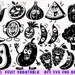 Fruit Vegetable Svg, Kawaii Food Svg, Cute Food Clipart, Cartoon Fruit Bundle, Funny Veggie Svg, Fruit Character Clipart