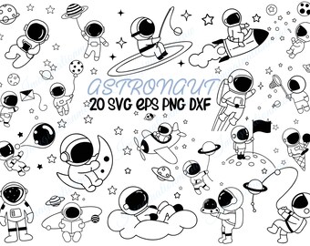 20 Doodle Astronaut SVG Designs, Cute Space Doodle Clipart Bundle, Outer Space Clipart, Doodle Line art, Hand Draw Svg