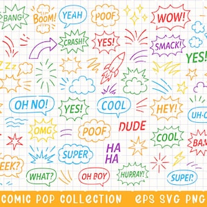 Comic Text Clipart, Pop Art Speech Bubble, Cartoon Word Svg, Colorful Comic Elements, Comic Explosion Words, Fun Comic Bubble Pack