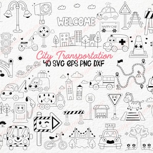 40 doodle stadsvervoer SVG-ontwerpen, schattige verkeersborden clipart, voertuigen SVG, stad digitale bestanden, schattige auto clipart, doodle lijntekeningen
