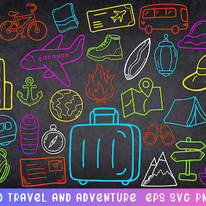 Clipart de viajes, Svg de aventura, paquete de doodles de vacaciones, gráficos de camping, paquete de iconos de viajes, paquete de Svg de viajes y aventuras coloridos