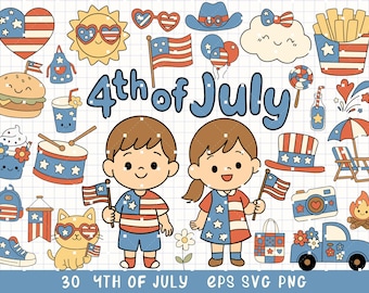 Clipart del 4 de julio, SVG lindo de la Independencia de EE. UU., Elementos patrióticos kawaii, Paquete infantil del 4 de julio, Ilustraciones de festividades estadounidenses